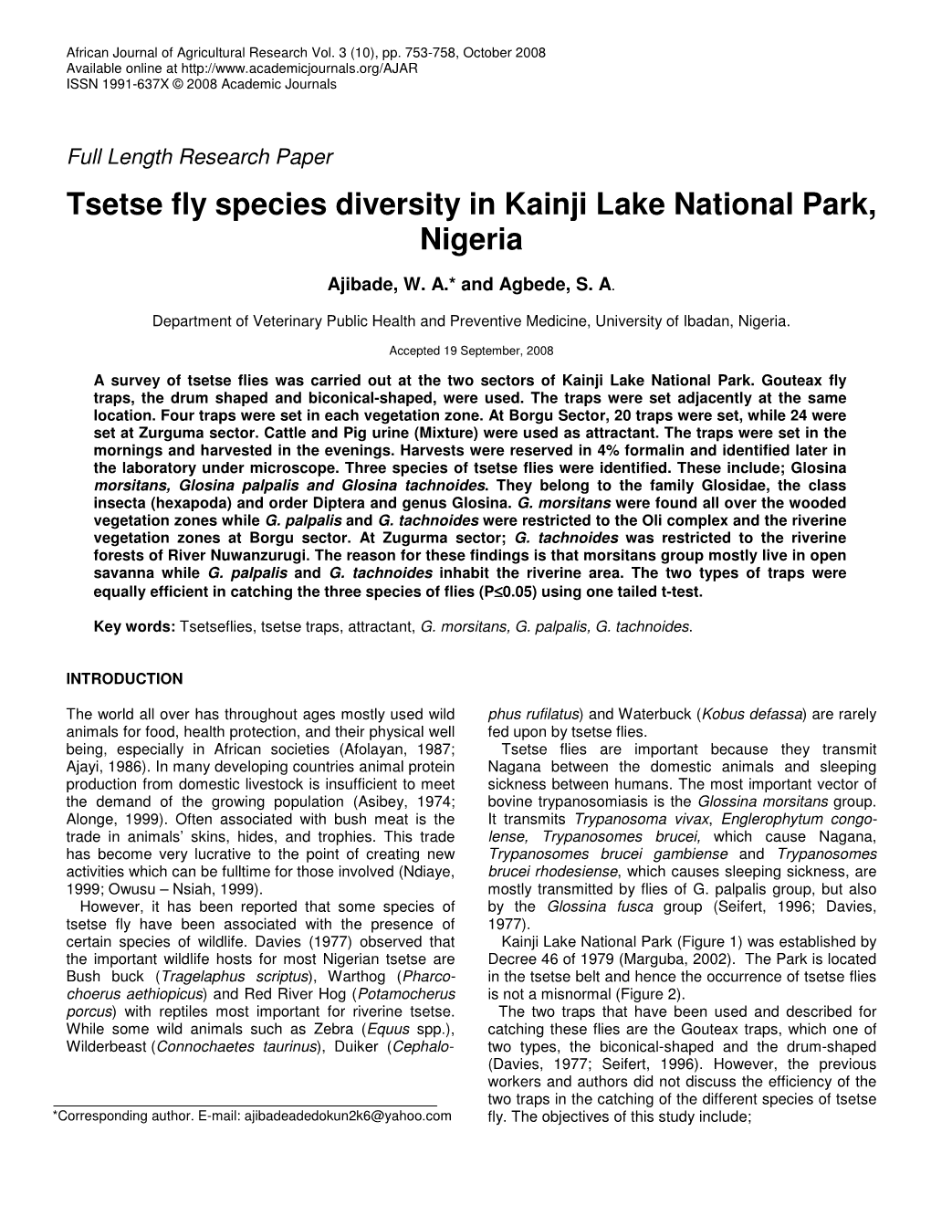 Tsetse Fly Species Diversity in Kainji Lake National Park, Nigeria