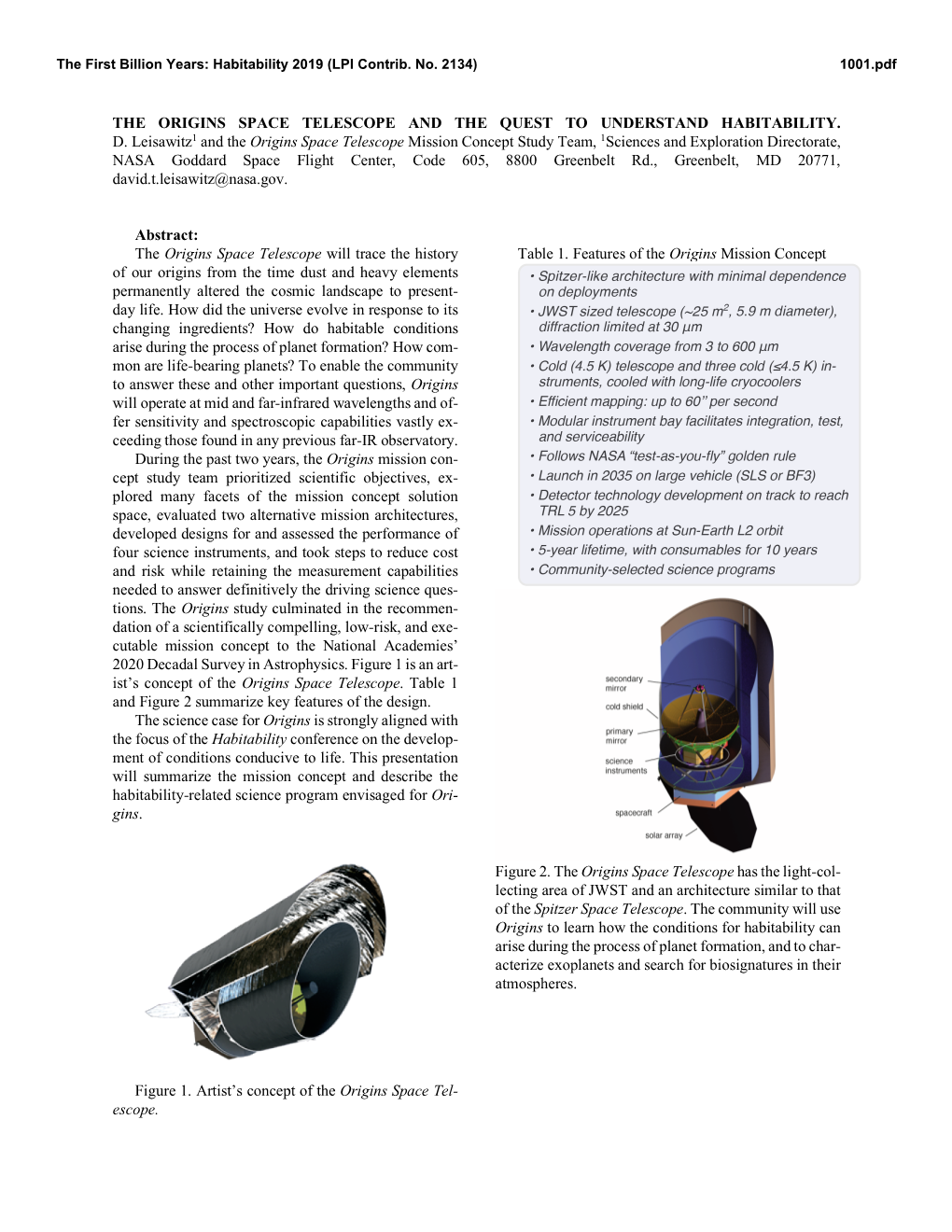 THE ORIGINS SPACE TELESCOPE and the QUEST to UNDERSTAND HABITABILITY. D. Leisawitz1 and the Origins Space Telescope Mission