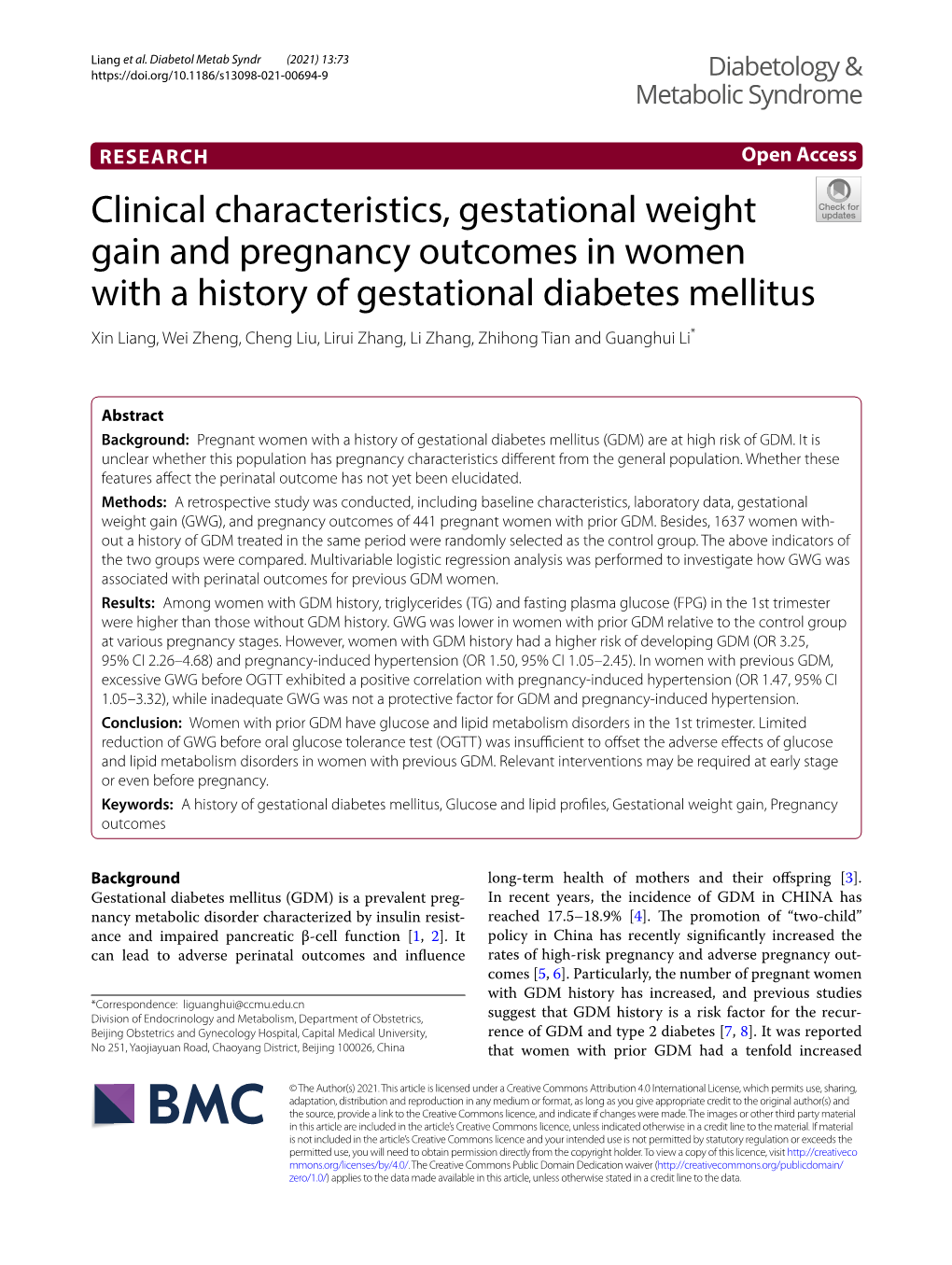 Clinical Characteristics, Gestational Weight Gain and Pregnancy