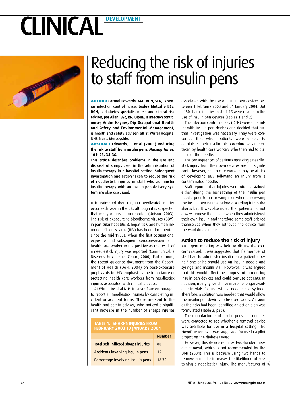 Reducing the Risk of Injuries to Staff from Insulin Pens