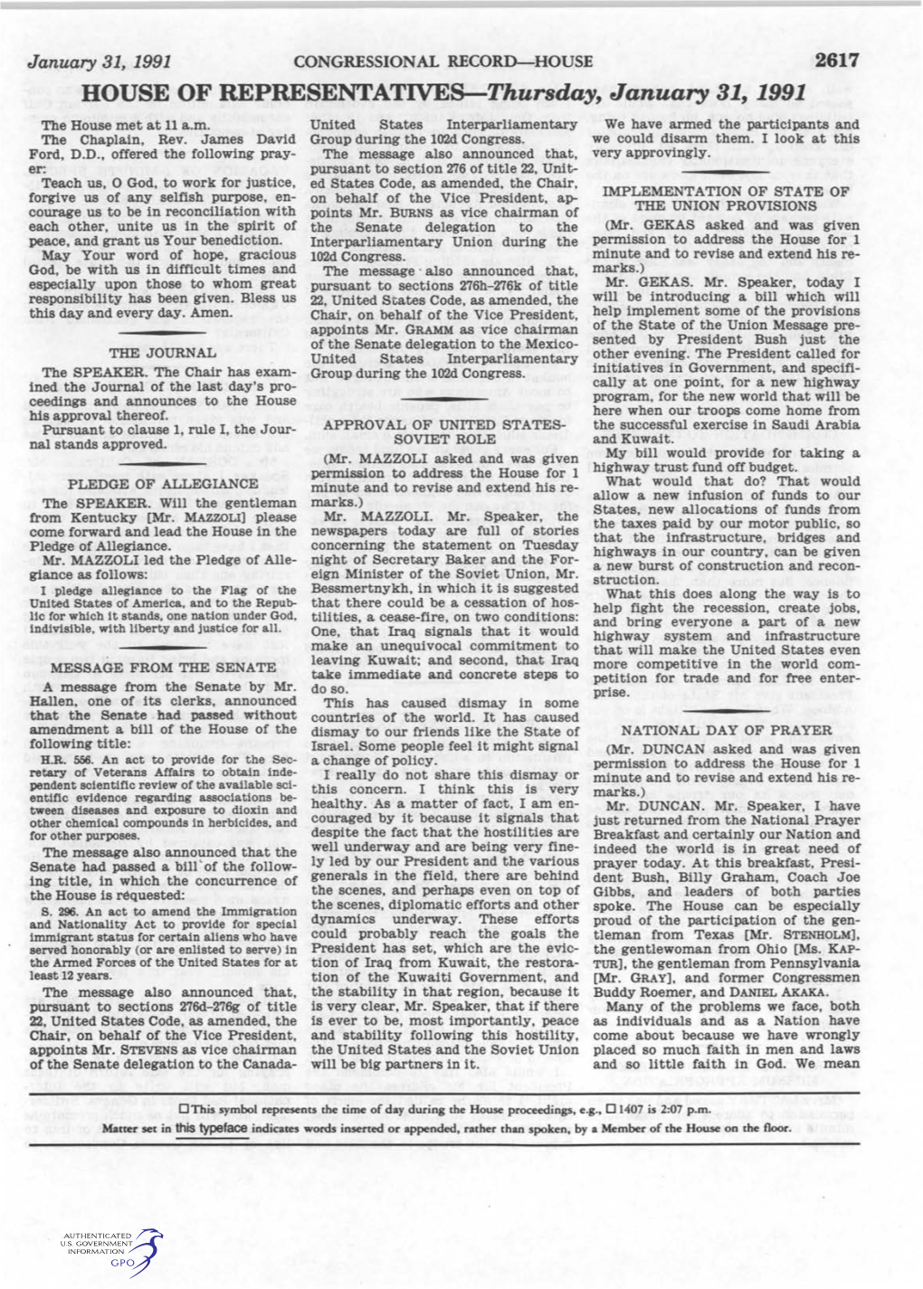 HOUSE of REPRESENTATIVES-Thursday, January 31, 1991 the House Met at 11 A.M