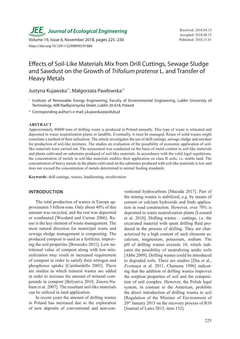 Effects of Soil-Like Materials Mix from Drill Cuttings, Sewage Sludge and Sawdust on the Growth of Trifolium Pratense L