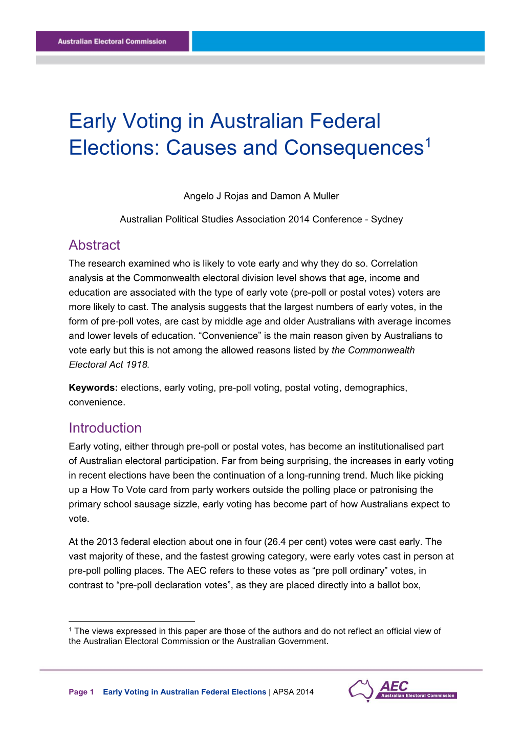 Early Voting in Australian Federal Elections: Causes and Consequences1