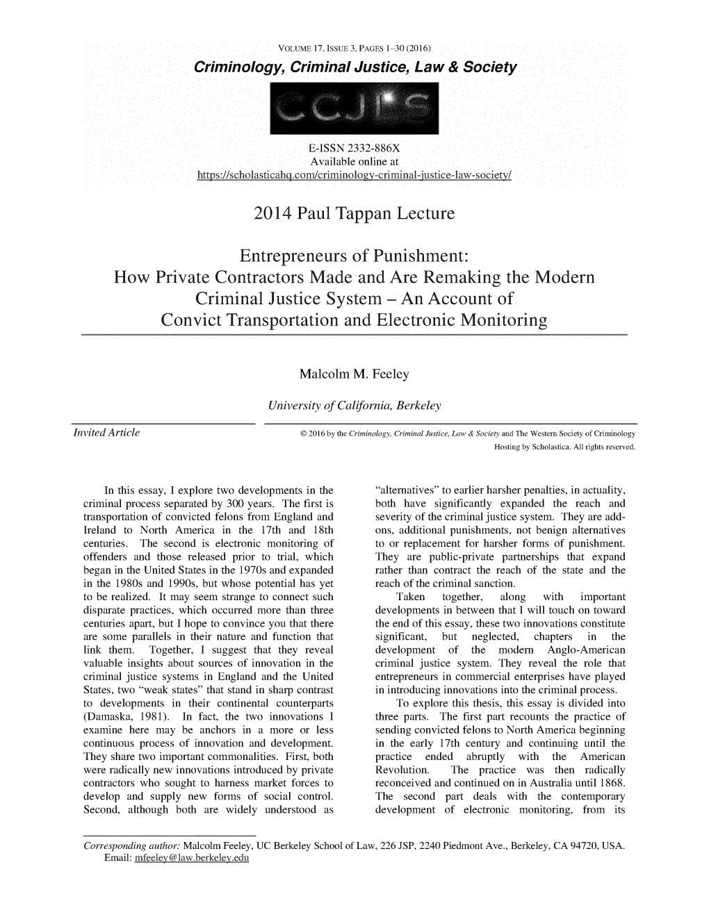 2014 Paul Tappan Lecture Entrepreneurs of Punishment: How Private Contractors Made and Are Remaking the Modern Criminal Justice