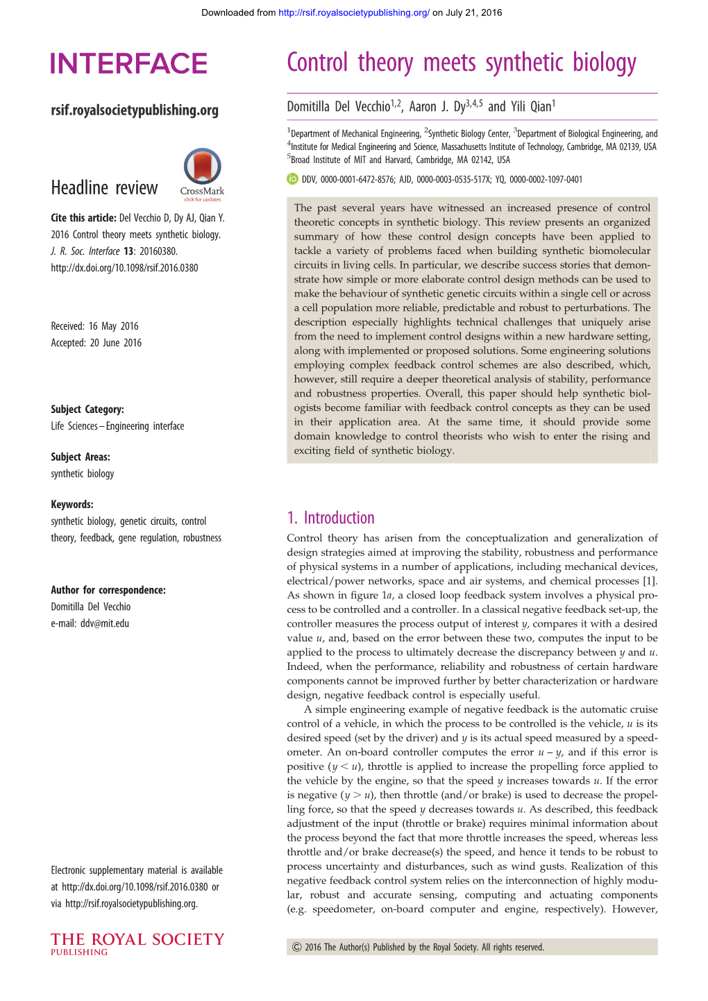 Control Theory Meets Synthetic Biology Rsif.Royalsocietypublishing.Org Domitilla Del Vecchio1,2, Aaron J