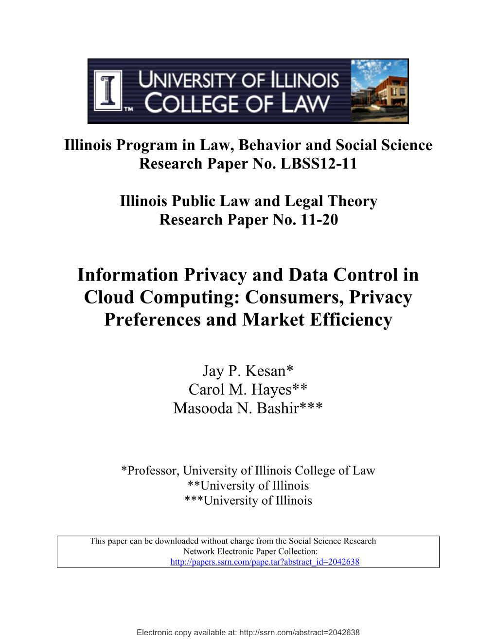 Information Privacy and Data Control in Cloud Computing: Consumers, Privacy Preferences and Market Efficiency