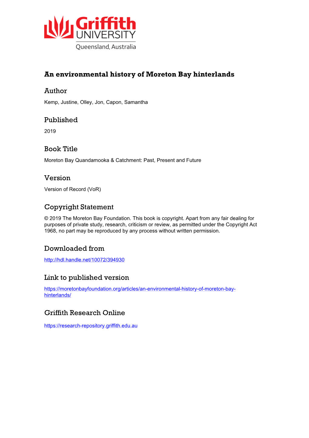 An Environmental History of Moreton Bay Hinterlands
