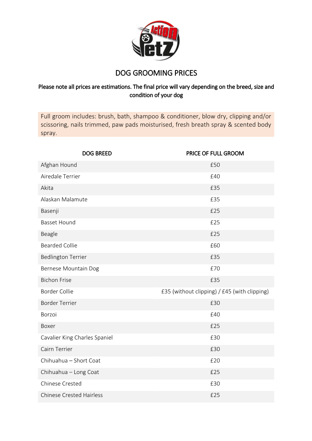 Dog Grooming Prices