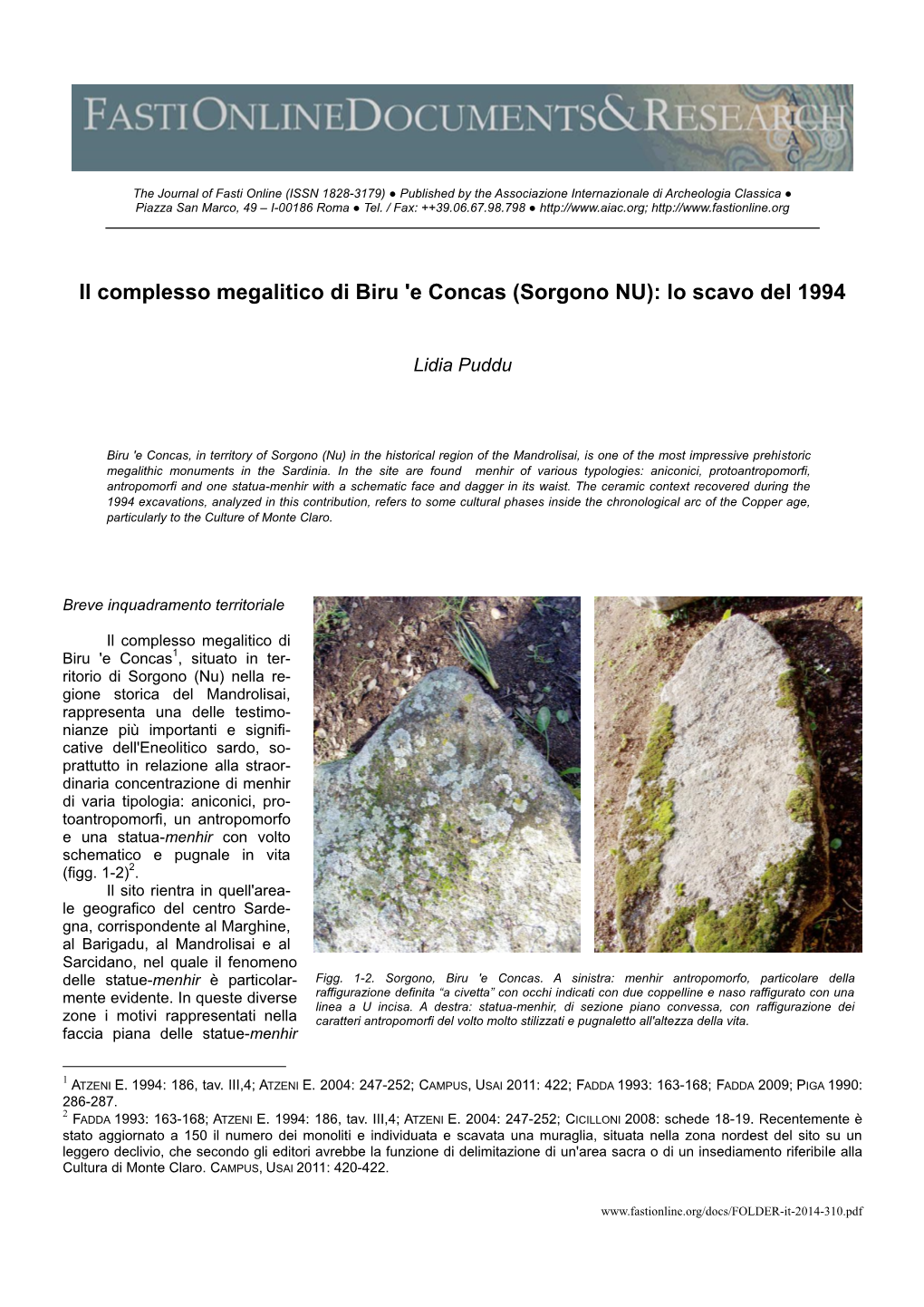 Il Complesso Megalitico Di Biru 'E Concas (Sorgono NU): Lo Scavo Del 1994