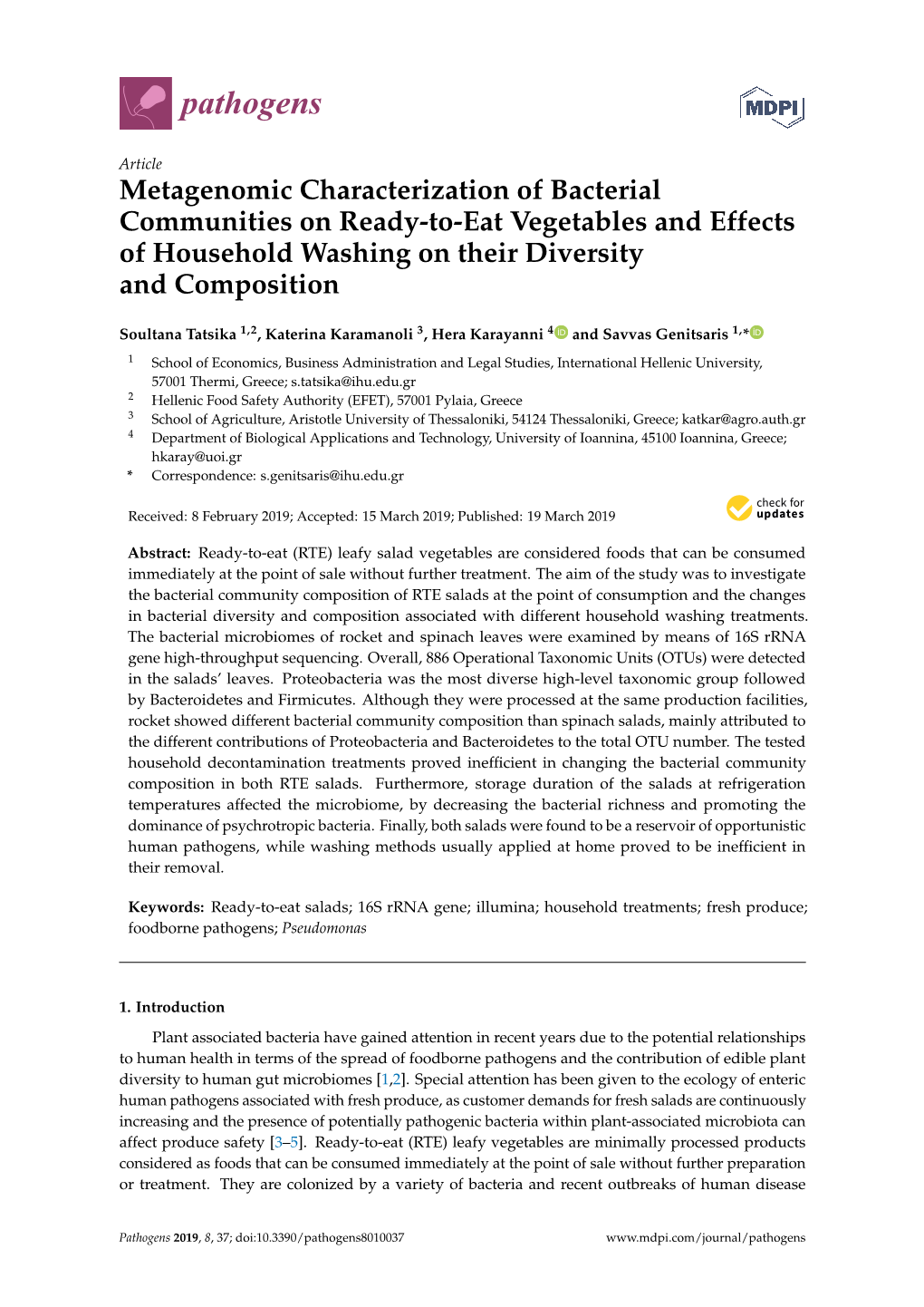 Metagenomic Characterization of Bacterial Communities on Ready-To-Eat Vegetables and Effects of Household Washing on Their Diversity and Composition