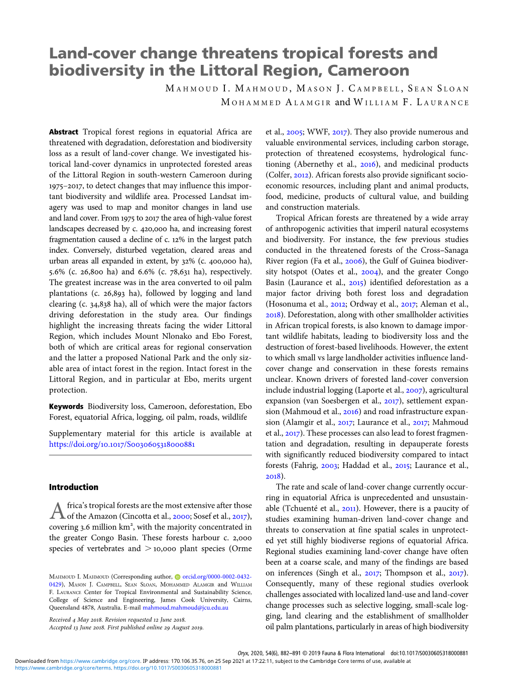 Land-Cover Change Threatens Tropical Forests and Biodiversity in the Littoral Region, Cameroon M AHMOUD I