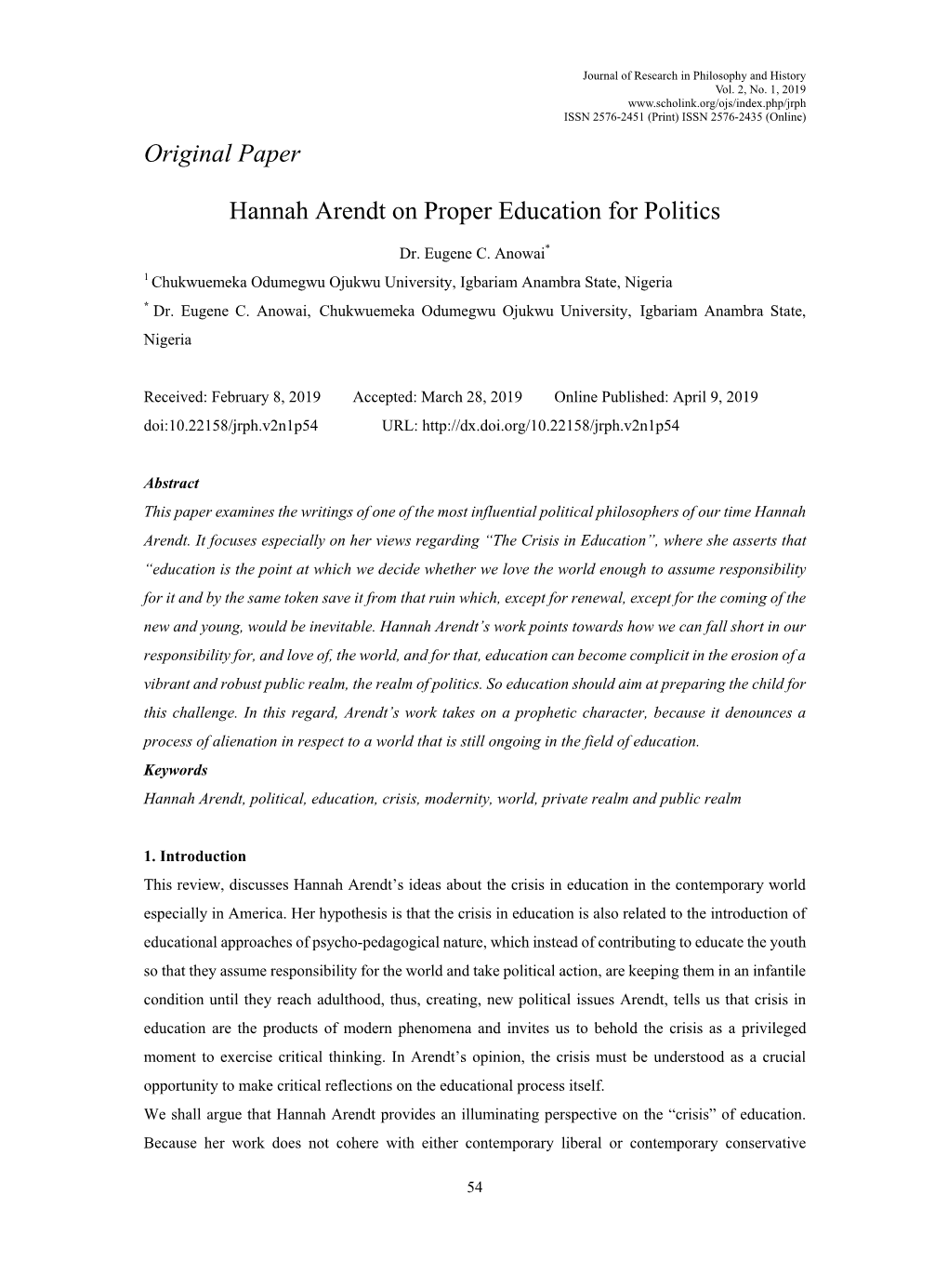 Original Paper Hannah Arendt on Proper Education for Politics