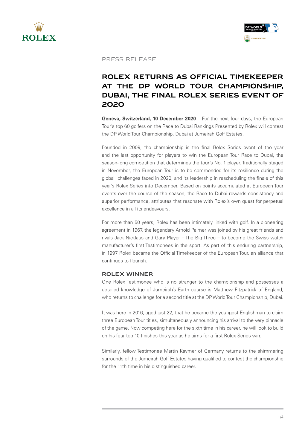 Rolex Returns As Official Timekeeper at the Dp World Tour Championship, Dubai, the Final Rolex Series Event of 2020