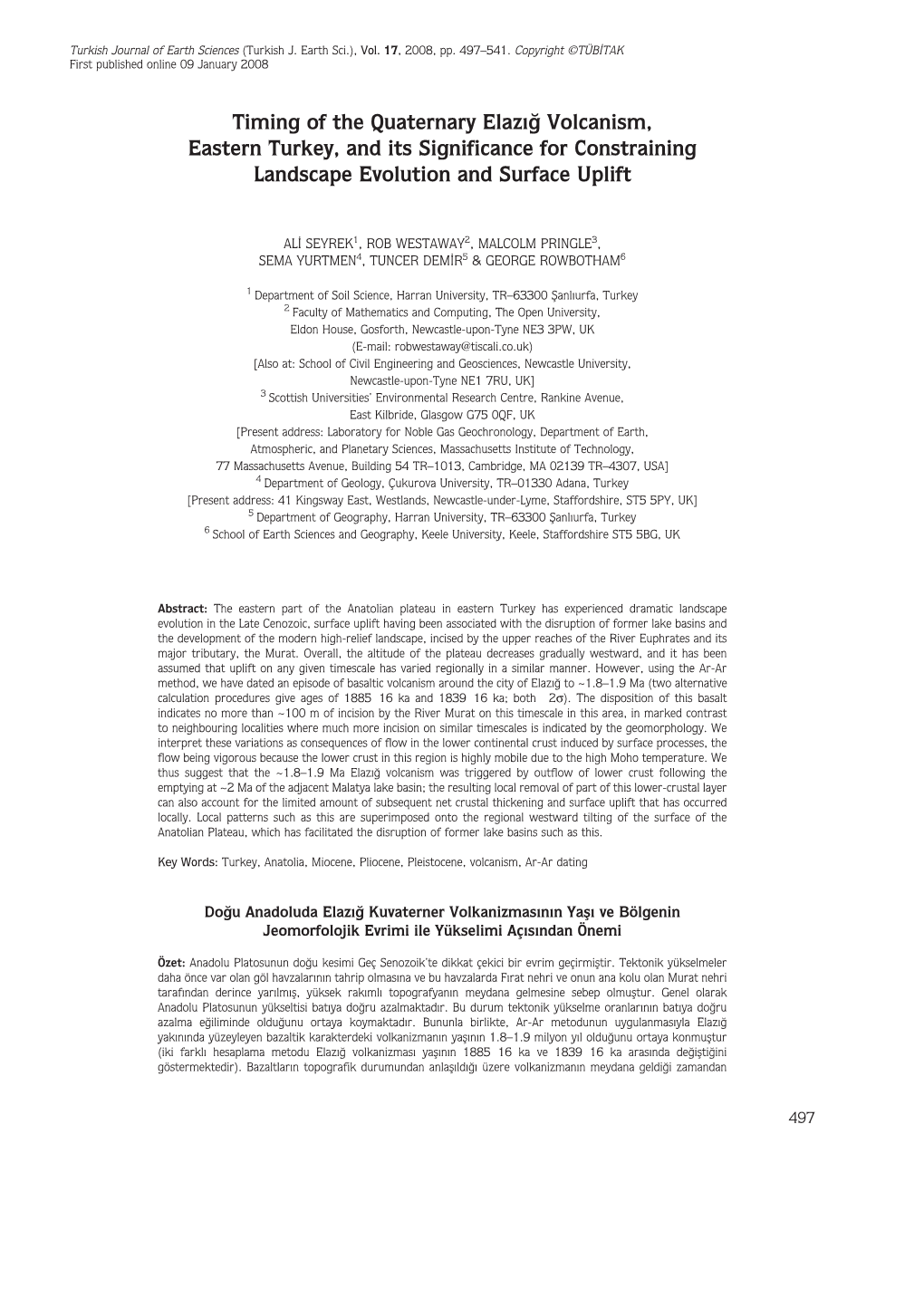 Timing of the Quaternary Elaz›¤ Volcanism, Eastern Turkey, and Its Significance for Constraining Landscape Evolution and Surface Uplift