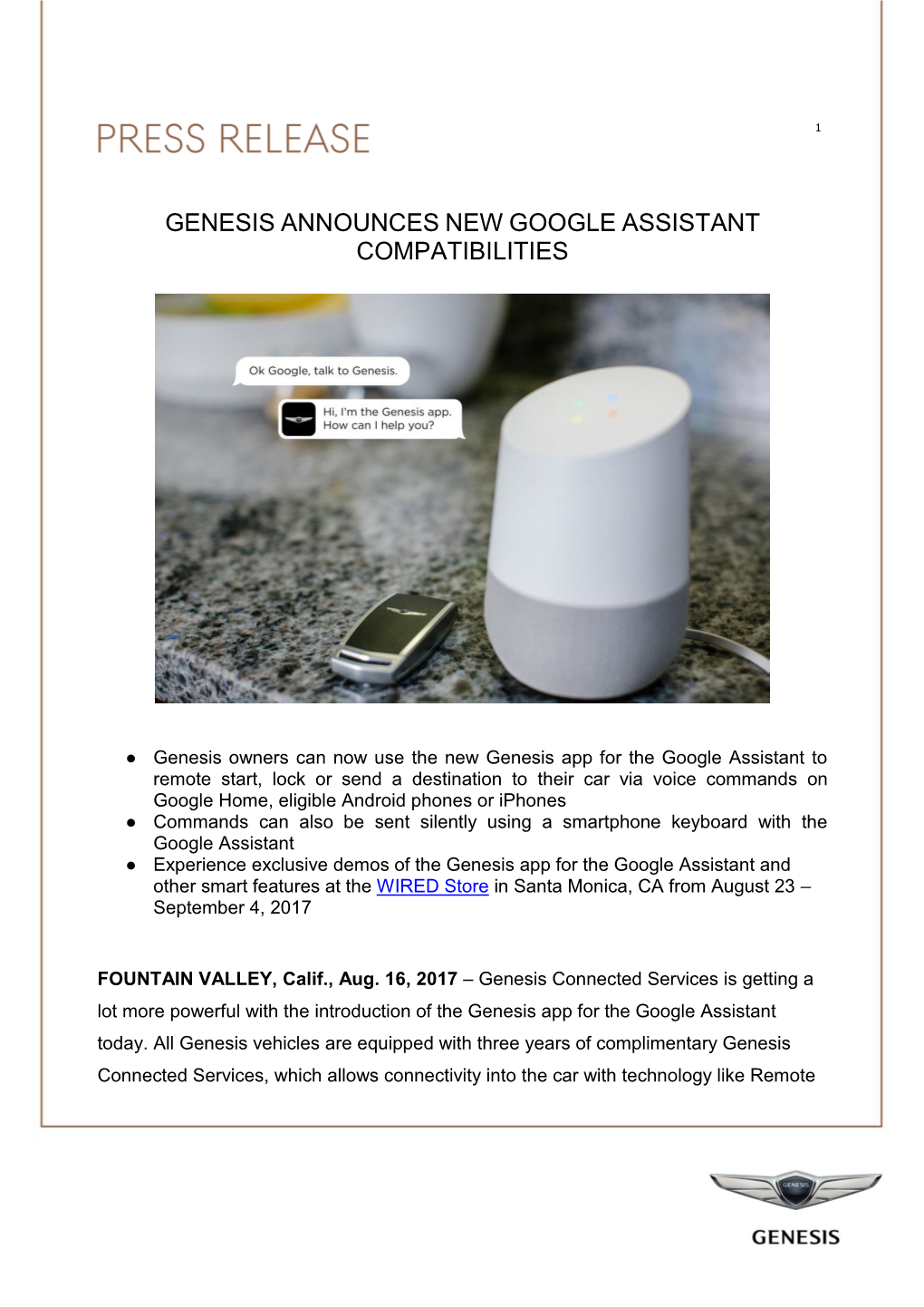 Genesis Announces New Google Assistant Compatibilities