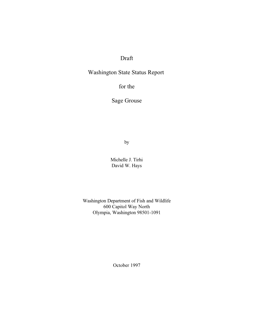 Draft Washington State Status Report for the Sage Grouse