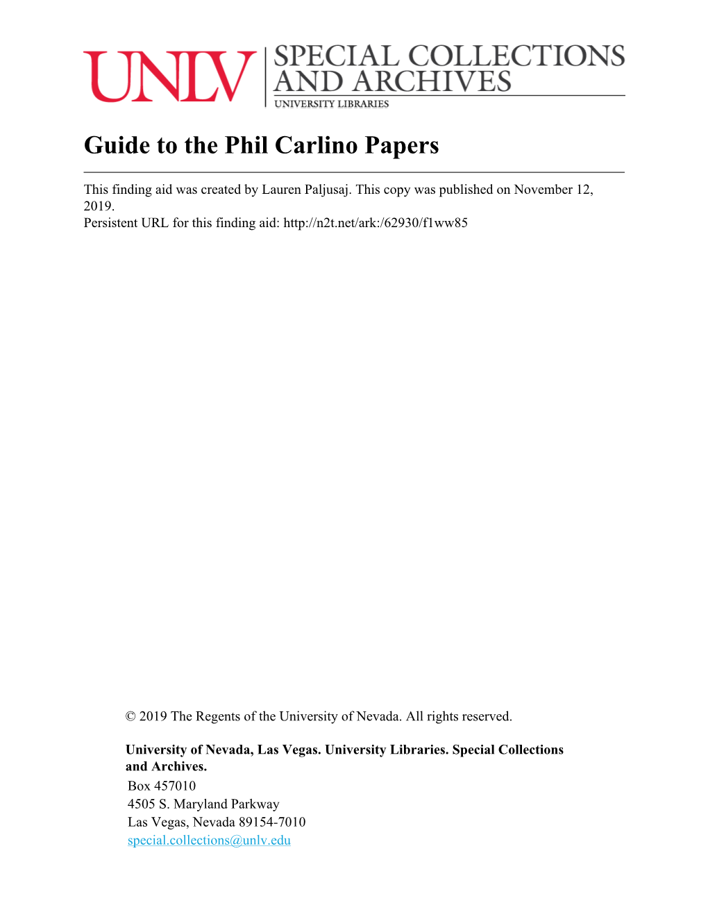 Guide to the Phil Carlino Papers