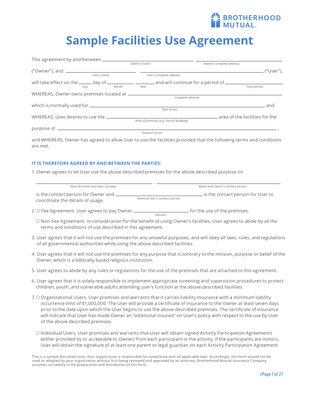 Sample Facilities Use Agreement