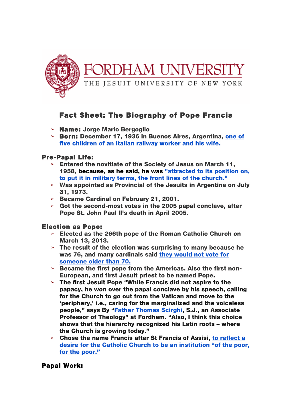 Fact Sheet: the Biography of Pope Francis