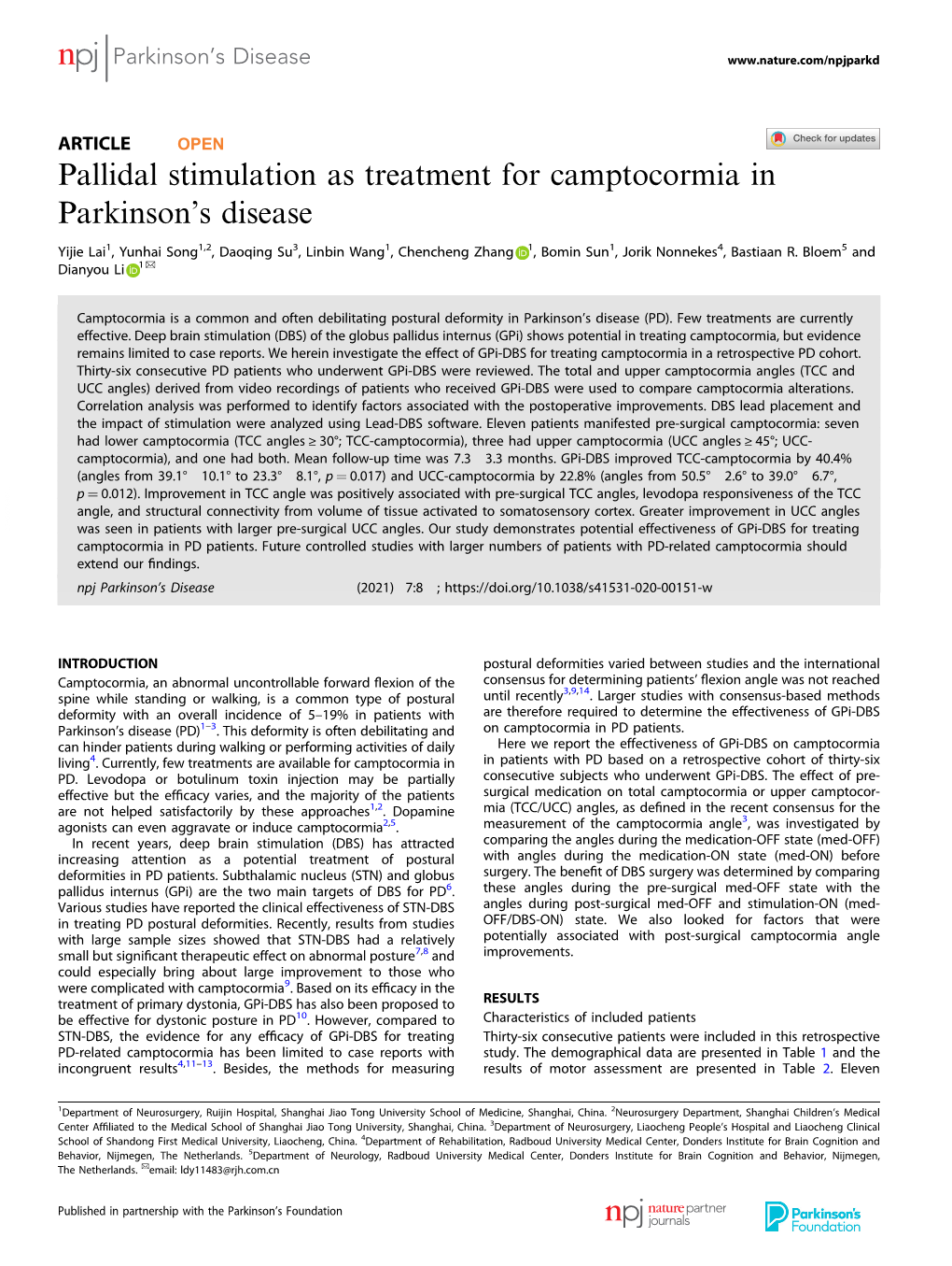 Pallidal Stimulation As Treatment for Camptocormia in Parkinson's Disease