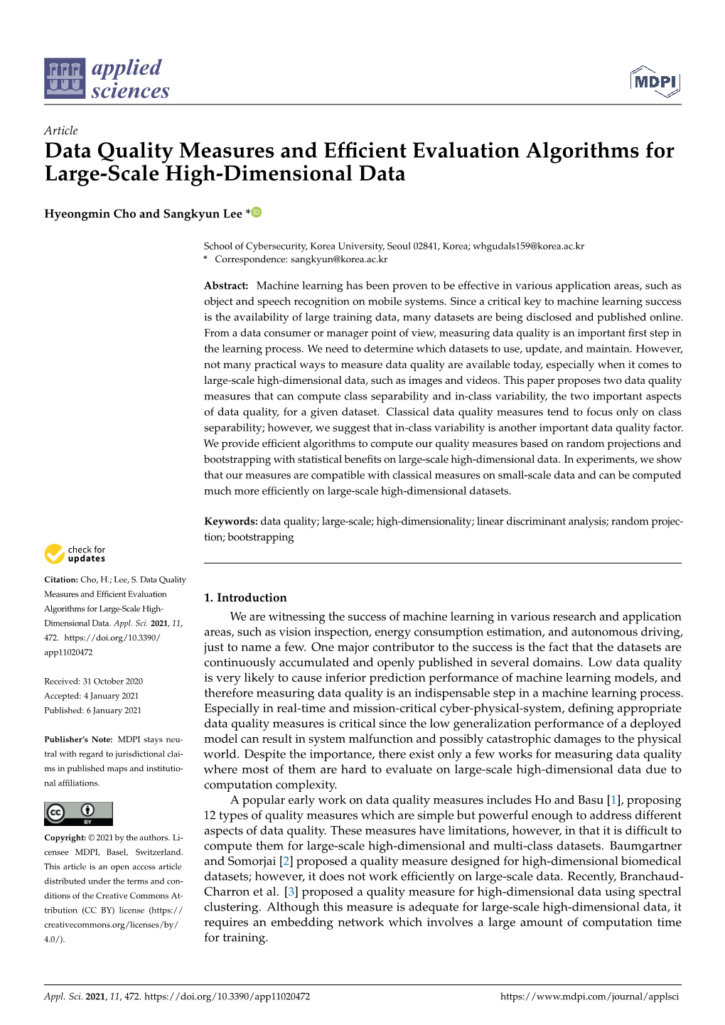 Data Quality Measures and Efficient Evaluation Algorithms for Large