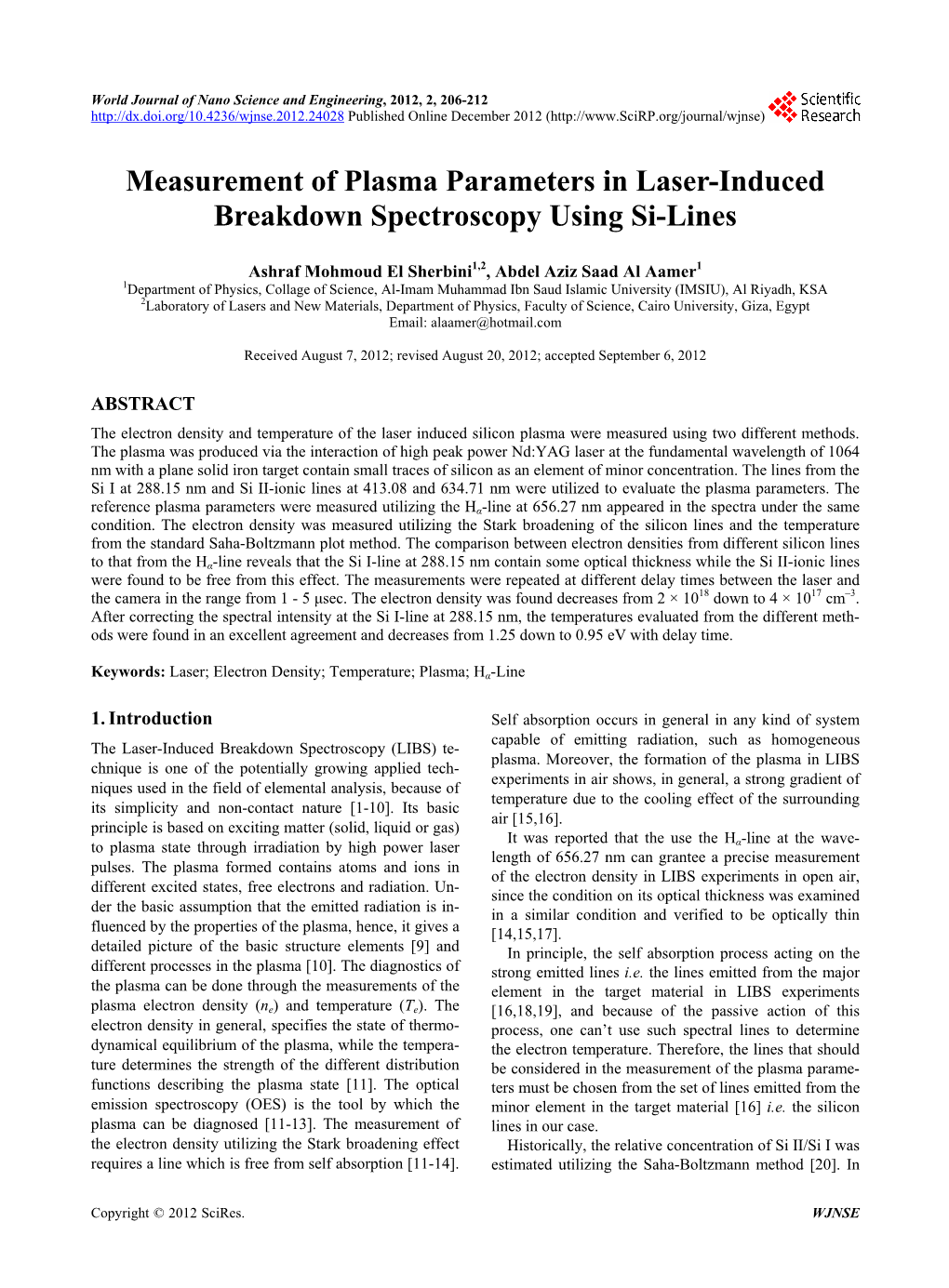 Measurement of Plasma Parameters in Laser-Induced Breakdown Spectroscopy Using Si-Lines