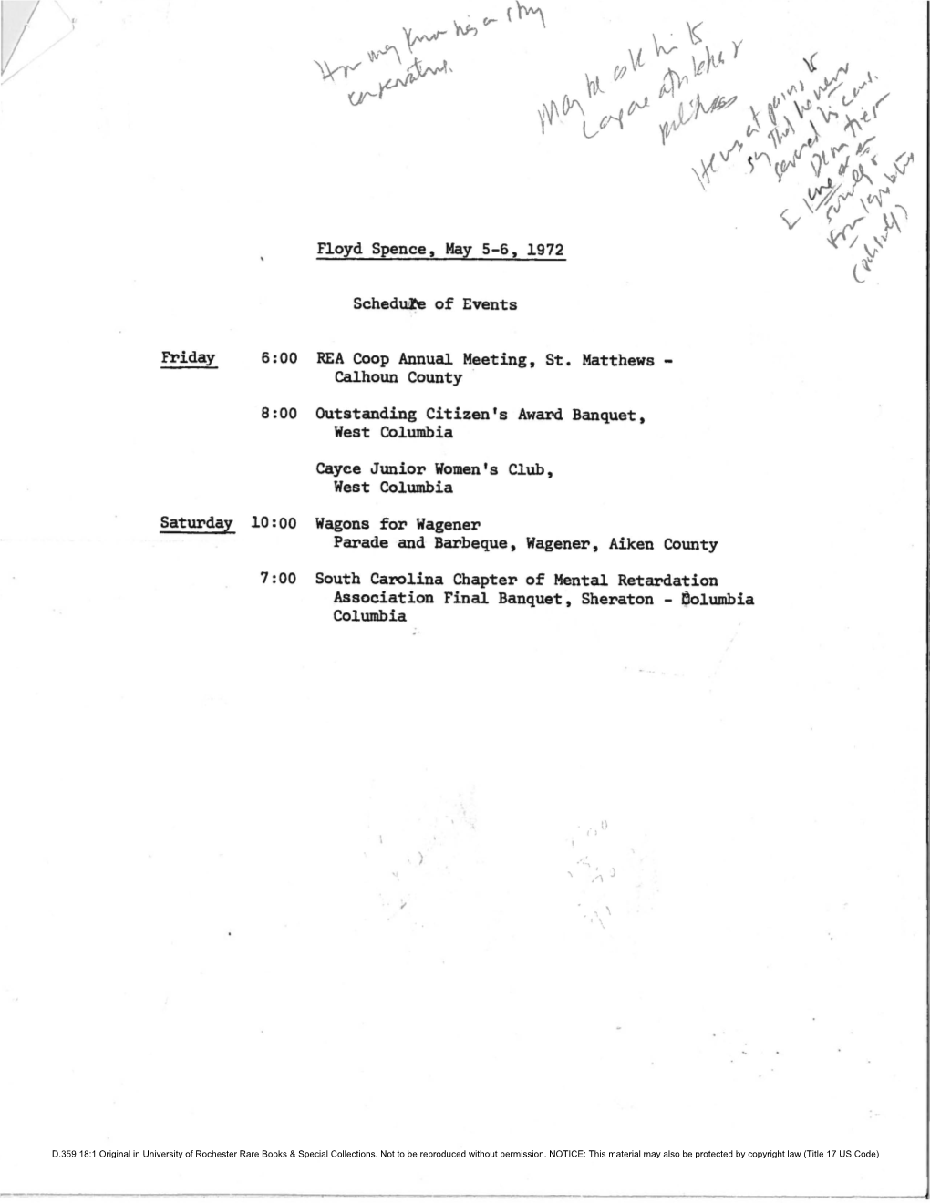 Friday Floyd Spence, May 5-6, 1972 Schedule of Events 6:00 REA Coop