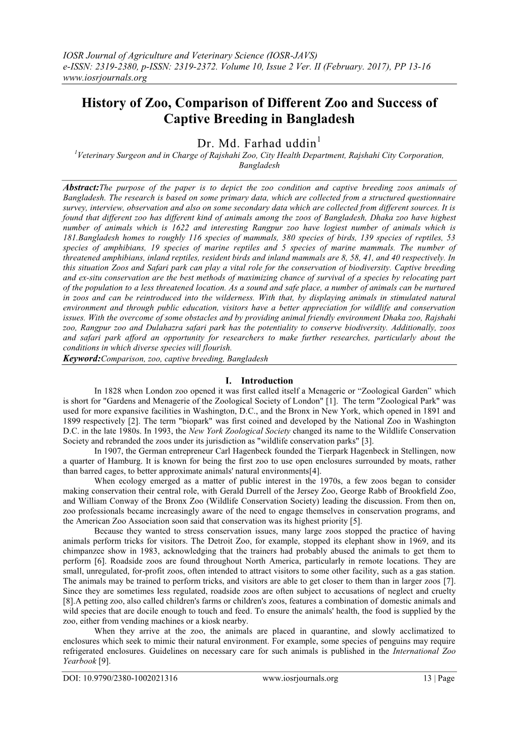 History of Zoo, Comparison of Different Zoo and Success of Captive Breeding in Bangladesh