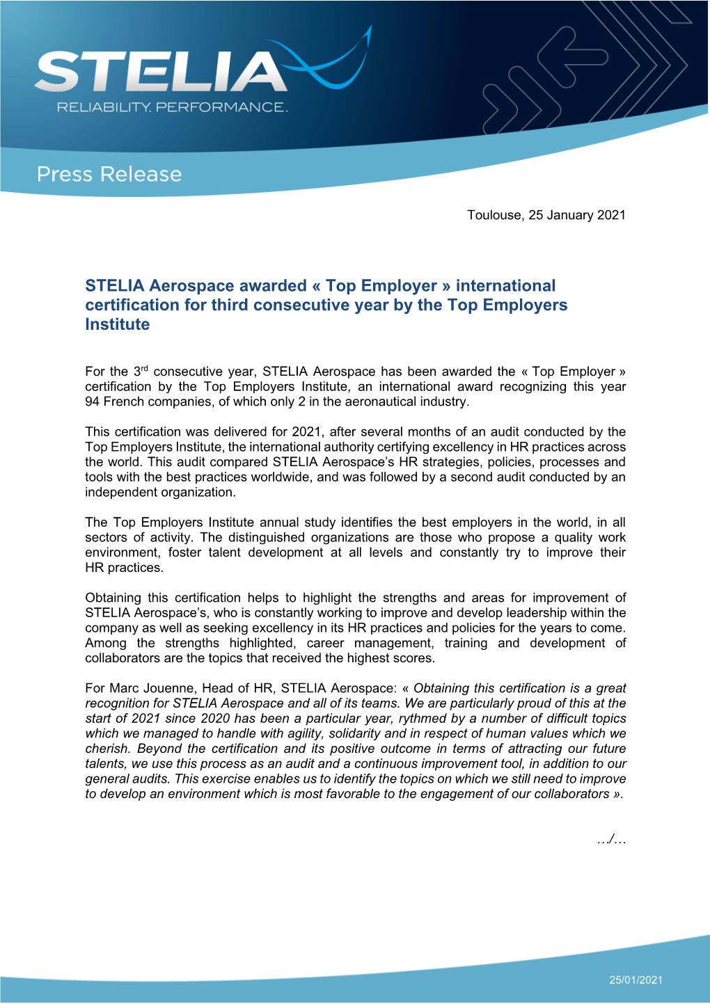STELIA Aerospace Awarded « Top Employer » International Certification for Third Consecutive Year by the Top Employers Institute