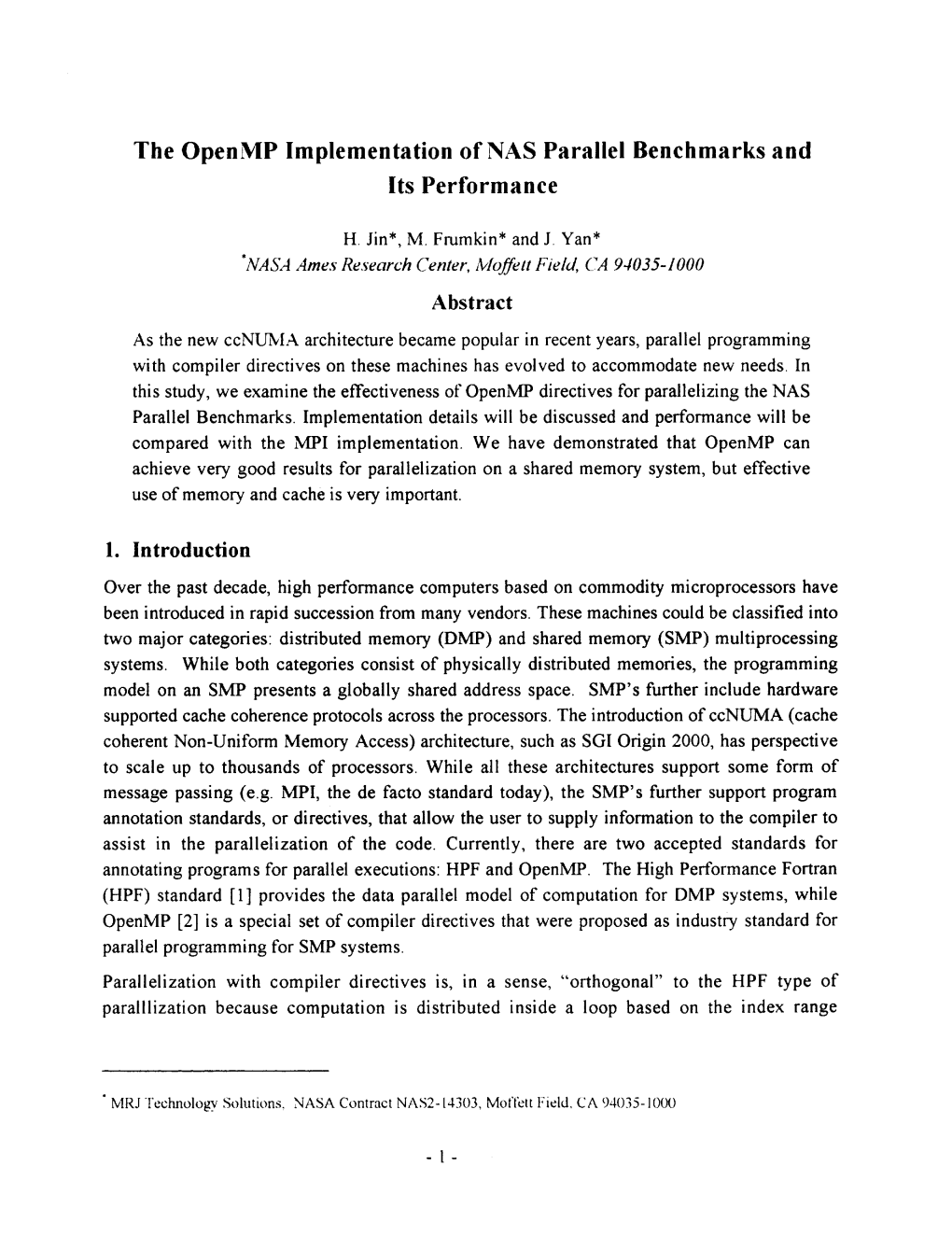 The Openmp Implementation of NAS Parallel Benchmarks and Its Performance