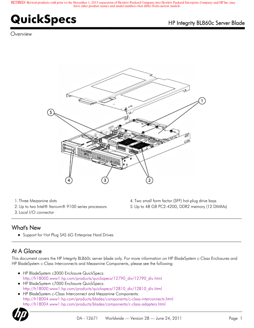 Quickspecs HP Integrity Bl860c Server Blade Overview