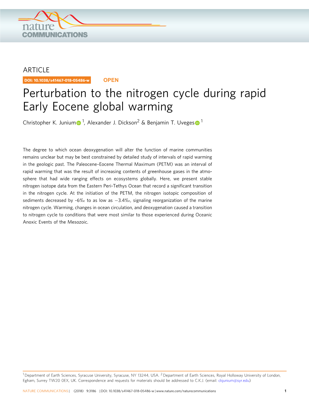 Perturbation to the Nitrogen Cycle During Rapid Early Eocene Global Warming