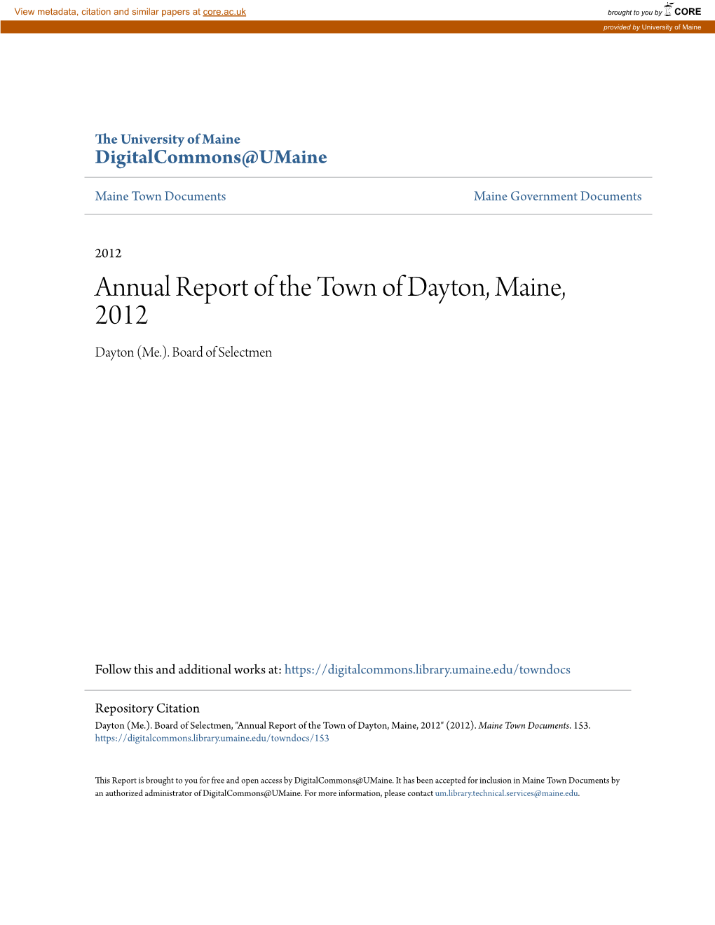 Annual Report of the Town of Dayton, Maine, 2012 Dayton (Me.)
