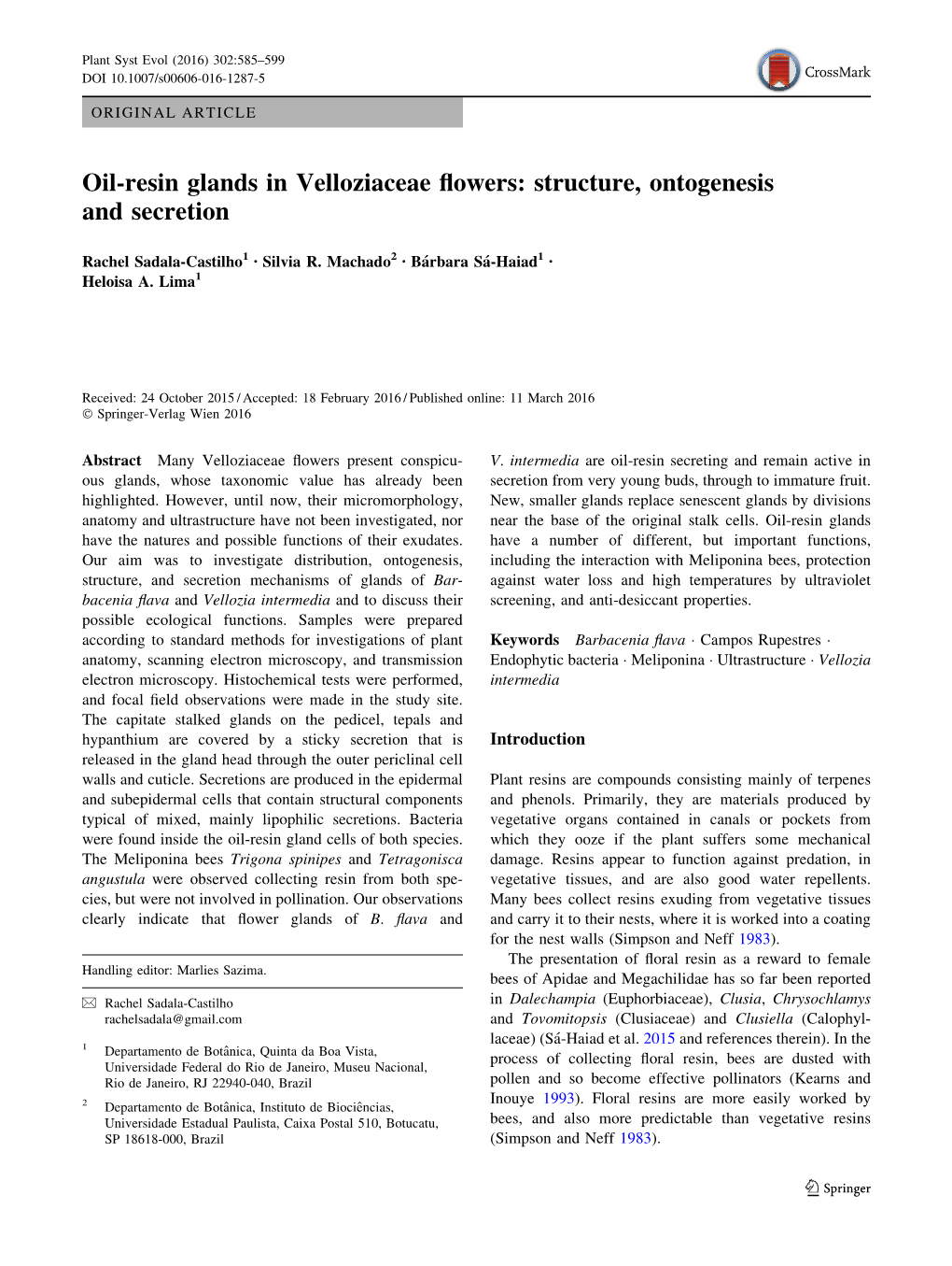 Oil-Resin Glands in Velloziaceae Flowers: Structure, Ontogenesis And