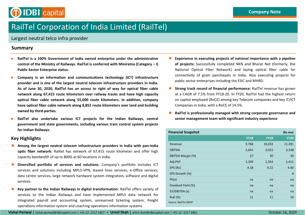 Railtel Corporation of India Limited (Railtel) Largest Neutral Telco Infra Provider Summary