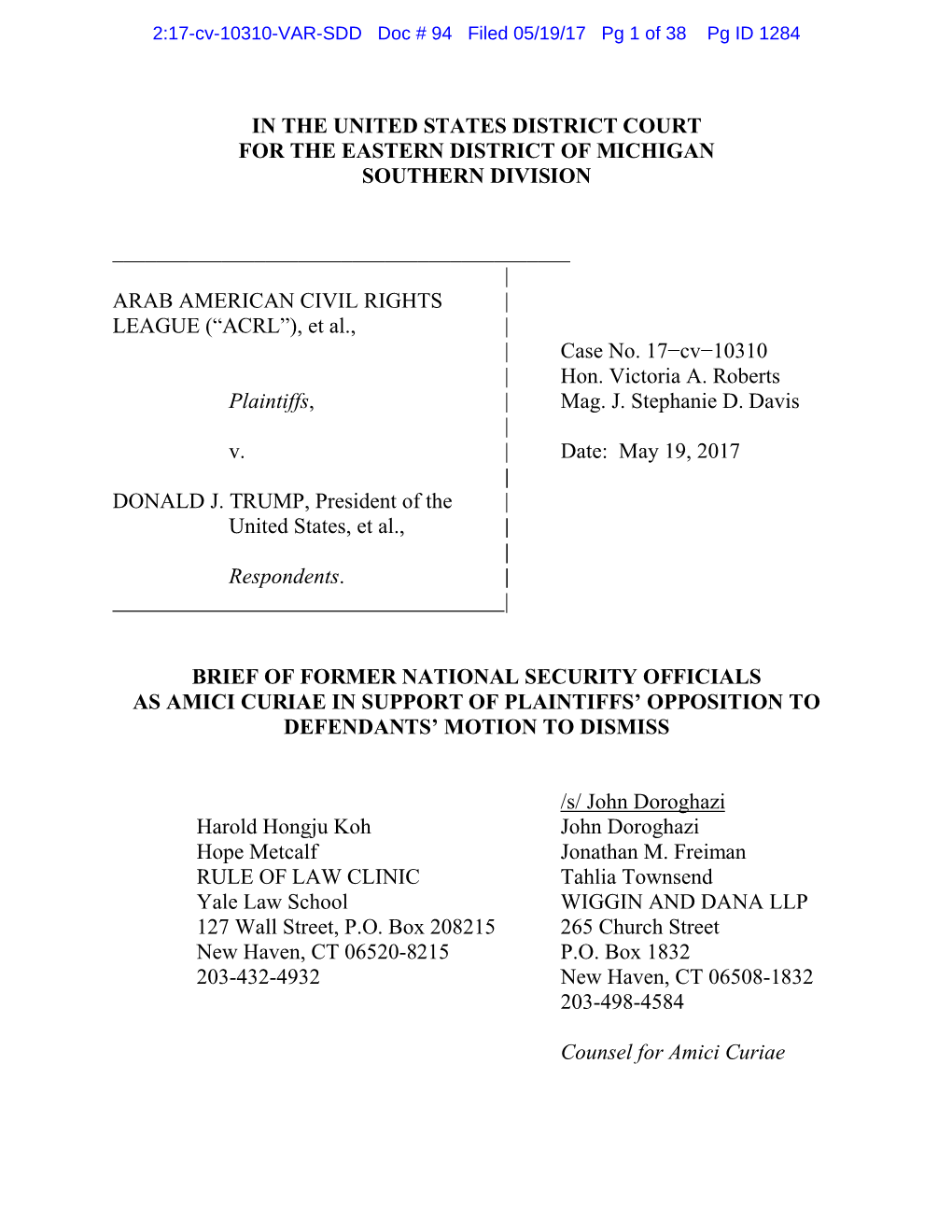 Arab American Civil Rights League (ACRL) V. Trump