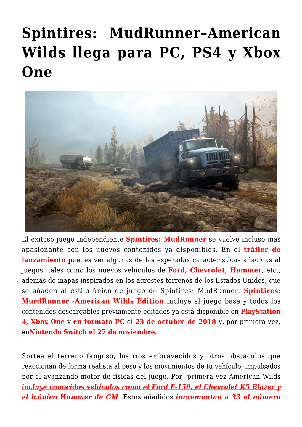 Spintires: Mudrunner–American Wilds Llega Para PC, PS4 Y Xbox One