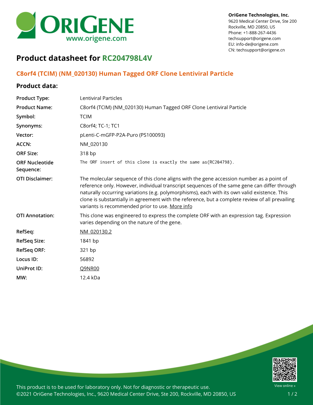 C8orf4 (TCIM) (NM 020130) Human Tagged ORF Clone Lentiviral Particle Product Data