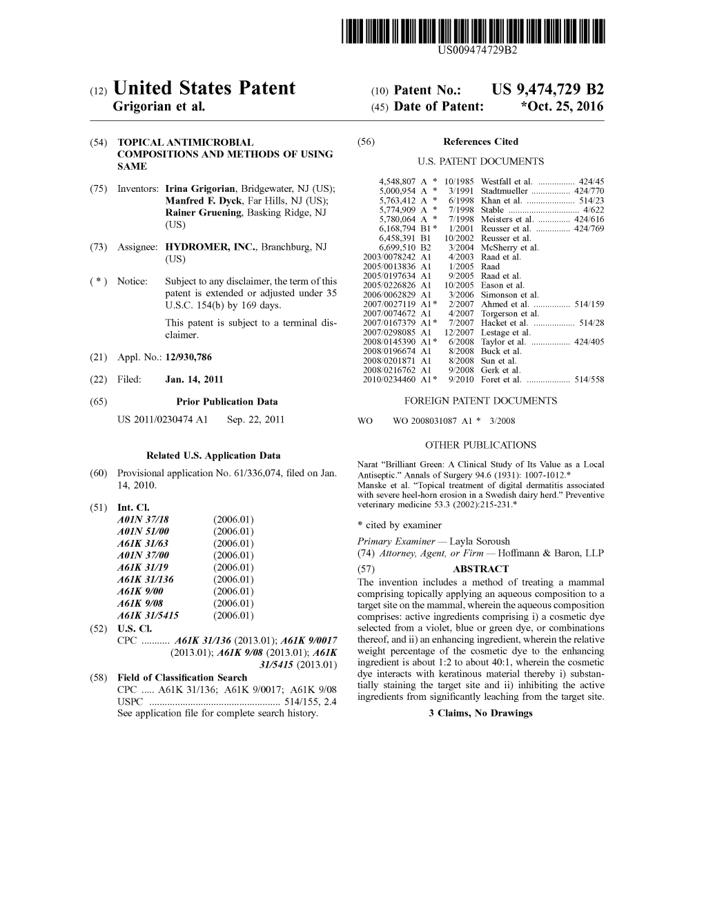 (12) United States Patent (10) Patent No.: US 9,474,729 B2 Grigorian Et Al