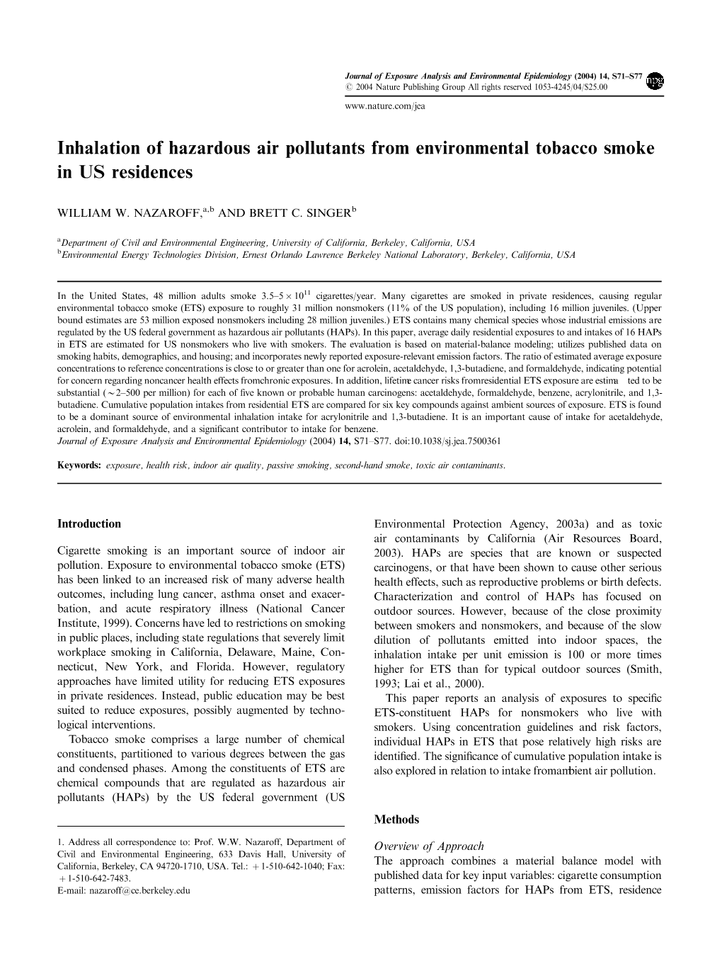 Inhalation of Hazardous Air Pollutants from Environmental Tobacco Smoke in US Residences