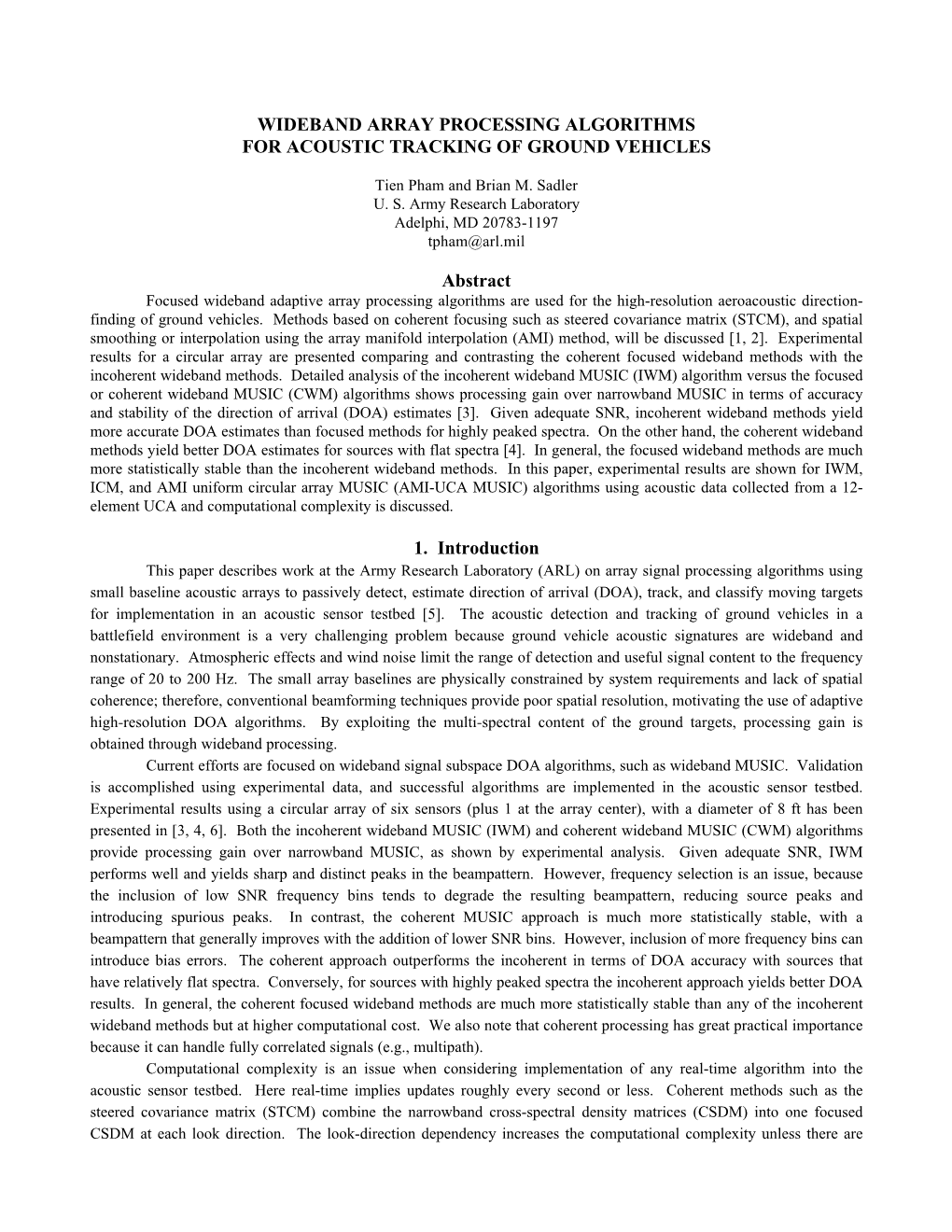 Wideband Array Processing Algorithms for Acoustic Tracking of Ground Vehicles