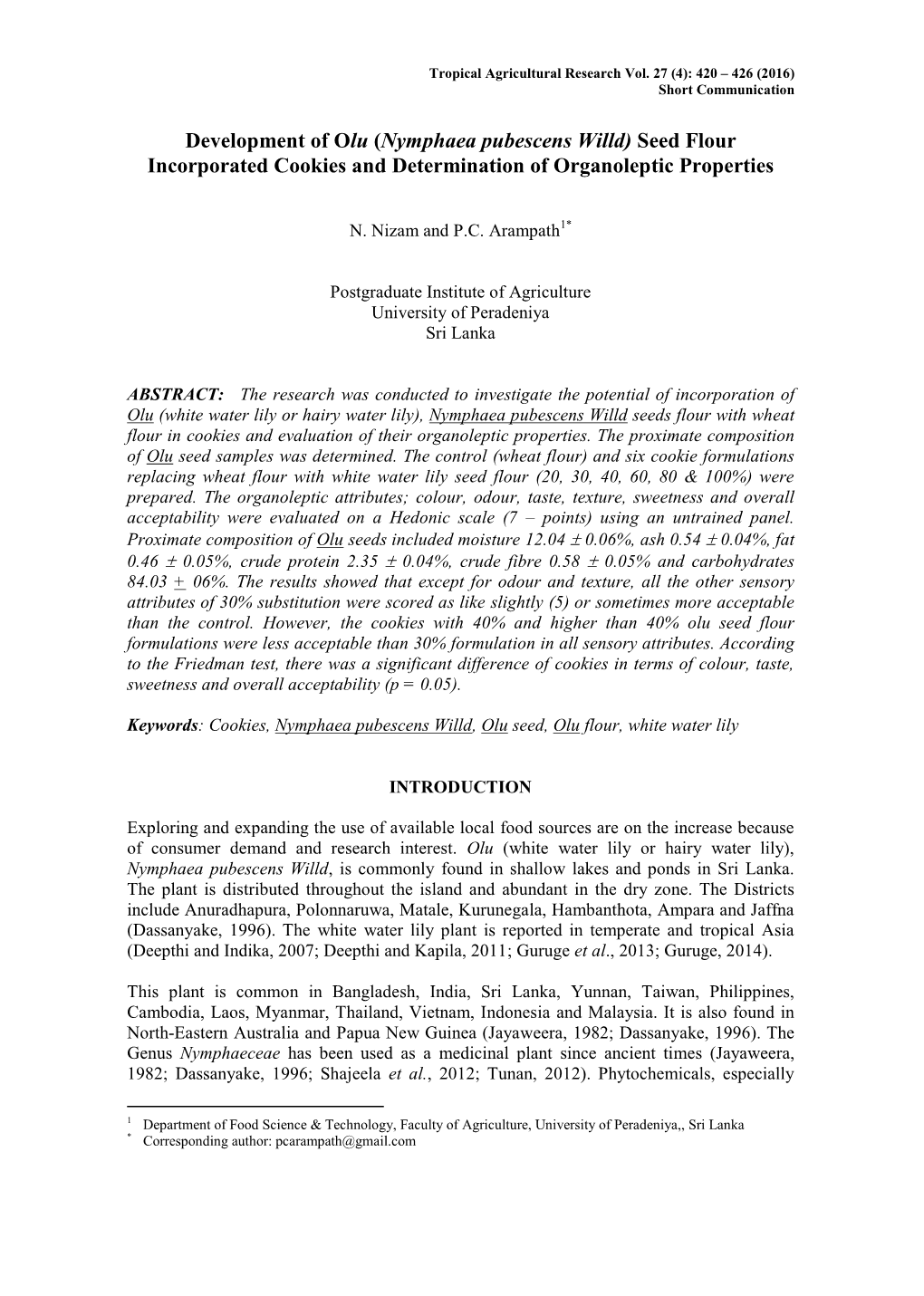 (Nymphaea Pubescens Willd) Seed Flour Incorporated Cookies and Determination of Organoleptic Properties