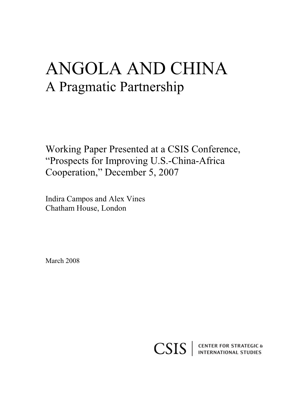ANGOLA and CHINA a Pragmatic Partnership