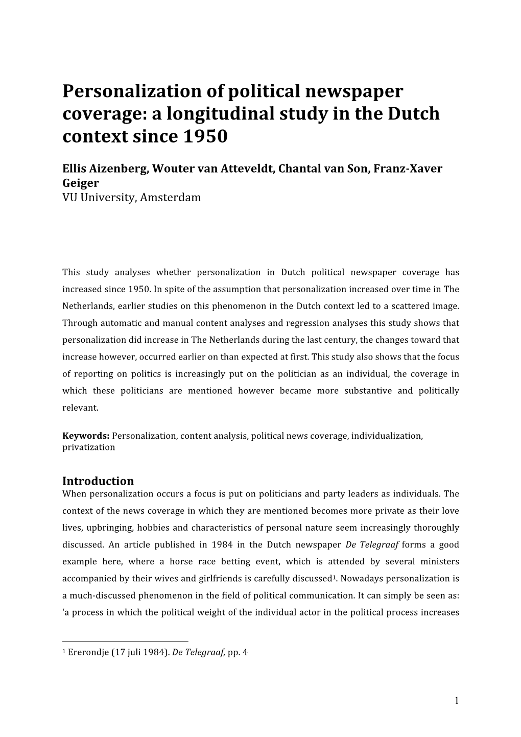 Personalization of Political Newspaper Coverage: a Longitudinal Study in the Dutch Context Since 1950