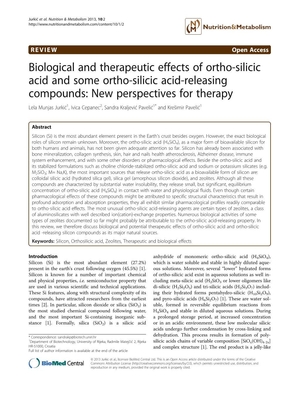 Biological and Therapeutic Effects of Ortho-Silicic Acid