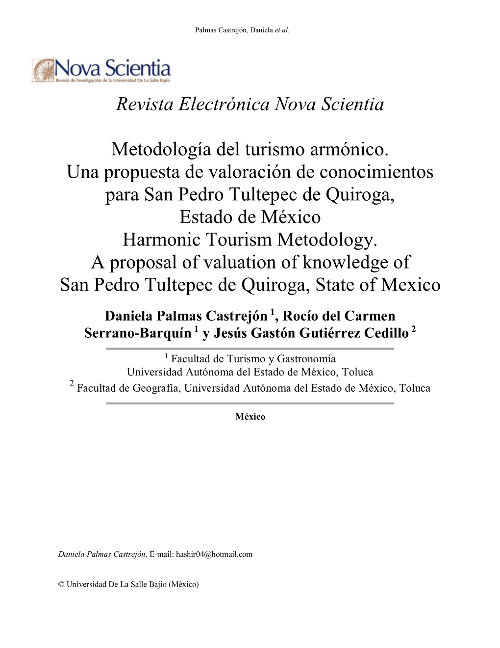 Metodología Del Turismo Armónico. Una Propuesta De Valoración De Conocimientos Para San Pedro Tultepec De Quiroga, Estado De México Harmonic Tourism Metodology