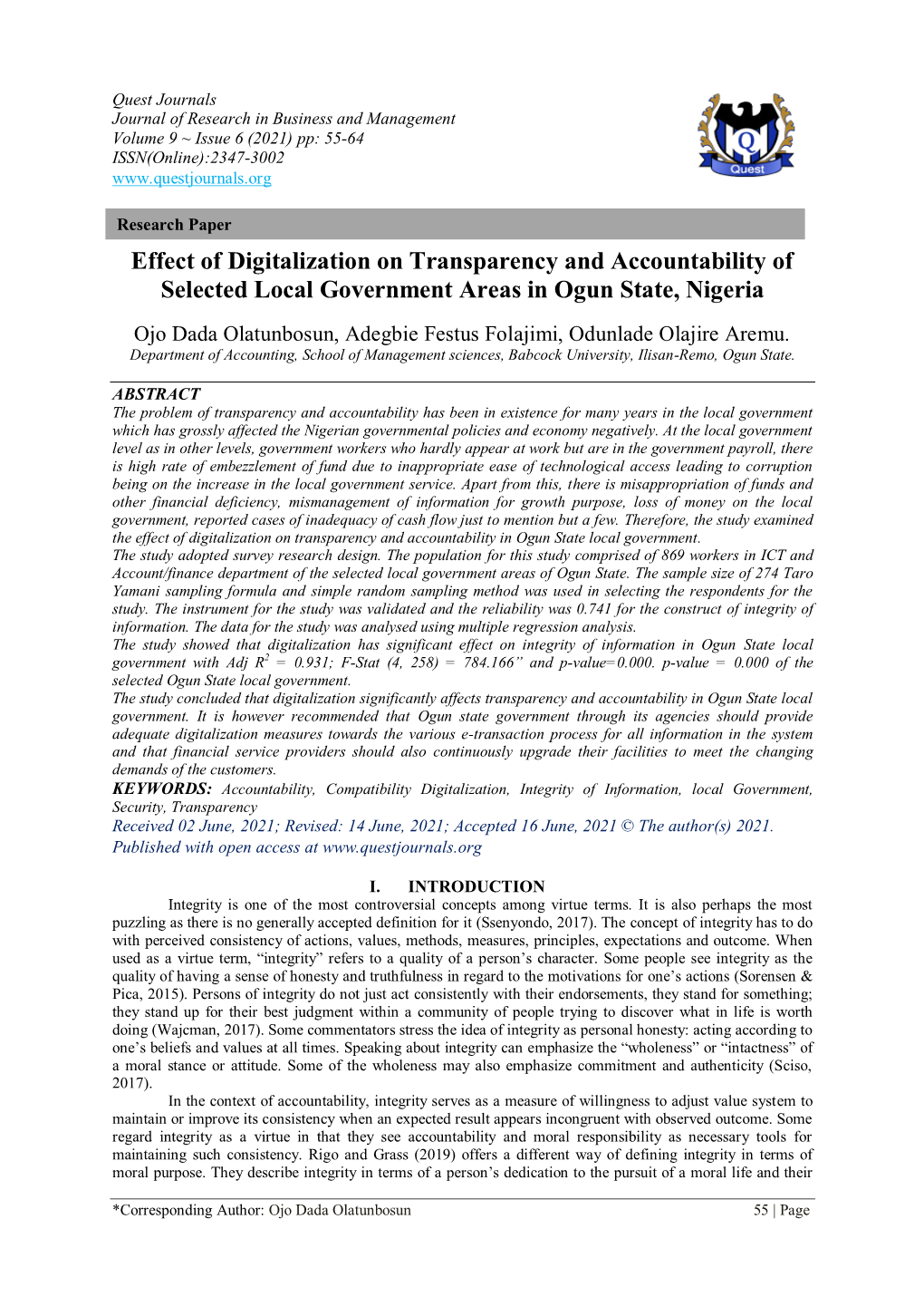 Effect of Digitalization on Transparency and Accountability of Selected Local Government Areas in Ogun State, Nigeria