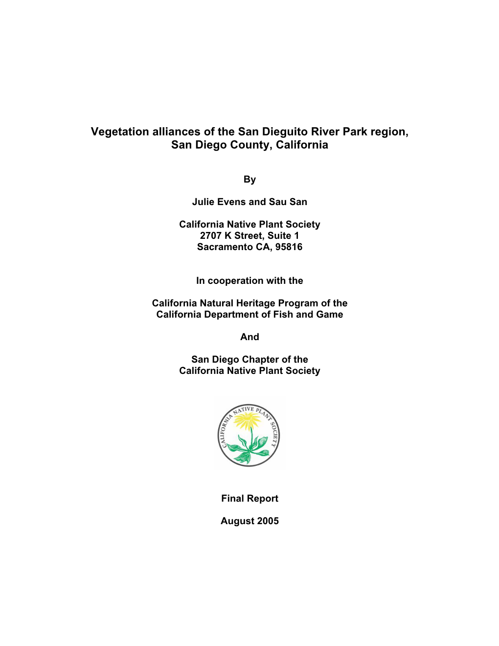 Vegetation Alliances of the San Dieguito River Park Region, San Diego County, California