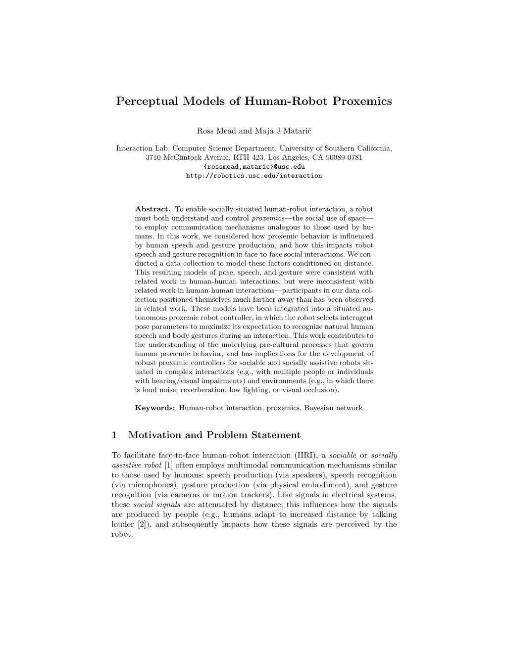 Perceptual Models of Human-Robot Proxemics