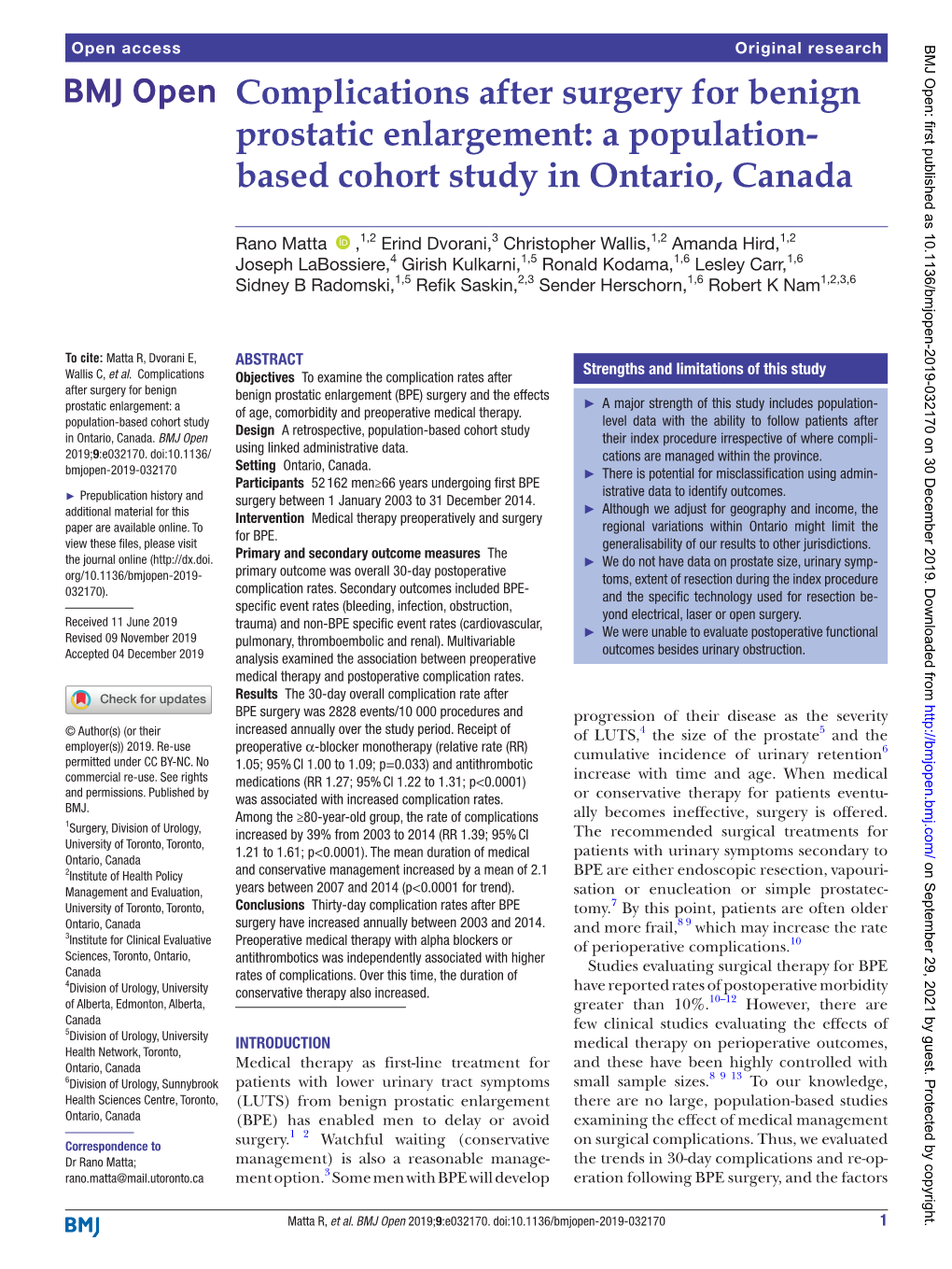 Complications After Surgery for Benign Prostatic Enlargement: a Population-­ Based Cohort Study in Ontario, Canada